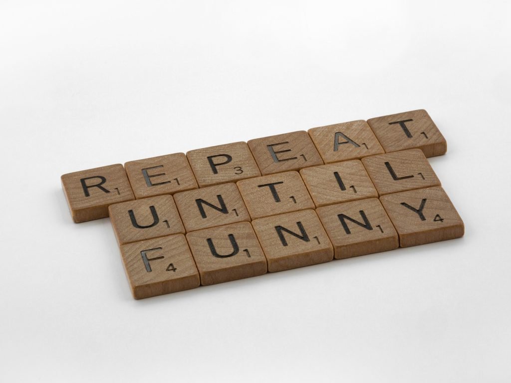 Alphabet tiles that spell Repeat Until Funny referencing the Jokes in the text.